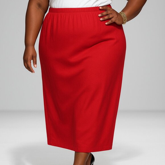 One Skirt - TWO LOOKS -- Plus size red Maxi skirt. No pockets. Elastic waistband - Picture 3 of 11